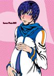  blue_eyes blue_hair blush bulge kaito mpreg nail_polish pregnant scarf stomach vocaloid 