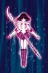  1girl bishoujo_senshi_sailor_moon black_hair bob_cut boots bow choker cross-laced_footwear earrings elbow_gloves eyes_closed glaive gloves glow glowing hino_ryutaro jewelry knee_boots lace-up_boots leotard magical_girl miniskirt pleated_skirt polearm purple_shoes sailor_collar sailor_saturn shiny short_hair skirt solo tiara tomoe_hotaru transformation weapon white_gloves 