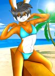  beach bikini camel_toe clothed clothing female lagomorph mammal rabbit rafflone seaside skimpy solo swimsuit 