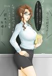  bra breasts brown_hair copyright_request curvy earrings futon_suki glasses hand_on_hip jewelry large_breasts lingerie lips mature pencil_skirt see-through skirt solo teacher translated underwear 