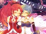  bad_id bad_pixiv_id bare_shoulders beamed_eighth_notes beamed_sixteenth_notes blue_hair blush buttons cape closed_eyes detached_sleeves eighth_note eighth_rest eyebrows_visible_through_hair gradient_hair grin half_note magical_girl mahou_shoujo_madoka_magica mika_(1020mk) miki_sayaka multicolored_hair multiple_girls musical_note ponytail red_hair sakura_kyouko smile staff_(music) 
