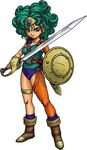  blue_eyes boots circlet curly_hair dragon_quest earrings full_body green_hair heroine_(dq4) highres jewelry official_art shield simple_background solo standing sword thigh_strap toriyama_akira weapon 