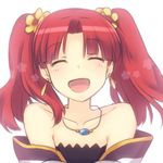  bad_id bad_pixiv_id bangs bare_shoulders closed_eyes collarbone earrings face flower fractale hair_flower hair_ornament jewelry lowres megumu necklace nessa open_mouth red_hair smile solo twintails upper_body 