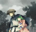  1girl black_cape blush brown_hair cape erin green_eyes green_hair hand_on_shoulder hat height_difference holding ia-lu kemono_no_souja_erin outdoors rain running shared_clothes short_hair side-by-side takana tree 