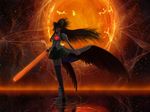  arm_cannon black_hair bow cape glowing glowing_eyes hair_bow highres long_hair low_wings red_eyes reiuji_utsuho solo touhou warabi_mochi weapon wings 