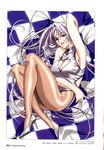  1girl antenna_hair armpits arms_up bare_shoulders blue_eyes breast_hold breasts cleavage curvy high_heels highres large_breasts legs lips lipstick long_hair looking_at_viewer lying makeup natsume_maya official_art oh!_great on_side oogure_ito pantyhose purple_hair solo tenjou_tenge thighs very_long_hair 