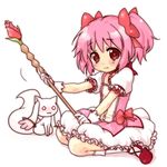  :3 blush bow bubble_skirt choker dress flower gem gloves glowing glowing_eyes kaname_madoka kingyo kyubey magical_girl mahou_shoujo_madoka_magica pink_hair puffy_sleeves red_eyes red_flower red_rose ribbon rose shoes short_hair short_twintails skirt staff twintails 