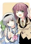  angel_beats! bad_id bad_pixiv_id blazer cosplay costume_switch green_eyes jacket long_hair multiple_girls one_eye_closed purple_hair school_uniform serafuku short_hair silver_hair takumi_(scya) tenshi_(angel_beats!) v yellow_eyes yuri_(angel_beats!) 