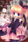  argyle argyle_background bad_id bad_pixiv_id blue_eyes card elbow_gloves engrish falling_card floating_card gloves haneoka_meimi hat kaitou_saint_tail kyrie_(artist) long_hair magical_girl orange_hair pantyhose playing_card ponytail ranguage saint_tail skirt smile solo top_hat wand 