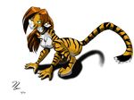 collar crawling feline female green_eyes mammal nude pilot_(artist) plain_background solo tiger white_background 