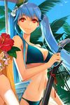  beach bikini blue_hair breasts cleavage day large_breasts lowres luthica_preventer navel orange_eyes outdoors palm_tree solo summer swimsuit sword sword_girls tree twintails underboob weapon 