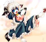  bell blue_eyes blush bra cat claws collar fang feline female grey hair hat karin maid maid_uniform open_shirt panties panties_around_one_leg pawpads self_rape solo stripes tail tetetor-oort underwear white_hair 田代憂 