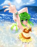  barefoot beach belly_free blue_water breasts female girl green_eyes green_hair looking_up megpoid_gumi orange sea skirt smile sparkling_eyes stretch_out summer summer_vacation sun sunny transparent turn_around vocaloid warm waterball waves wet 