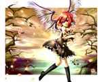  adapted_costume animal_ears bare_shoulders bare_tree black_legwear choker dress giwa hat hat_removed headwear_removed kneehighs mystia_lorelei petals red_eyes red_hair short_hair socks solo touhou tree wallpaper wings 