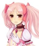  choker face gloves highres kaname_madoka light_smile long_hair mahou_shoujo_madoka_magica moekyon pink_eyes pink_hair puffy_sleeves red_choker simple_background solo twintails upper_body white_gloves 