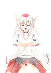  absurdres animal_ears arms_behind_back bare_shoulders breasts closed_eyes detached_sleeves fang hat highres inubashiri_momiji large_breasts midriff nar navel open_mouth silver_hair simple_background smile solo tokin_hat touhou wolf_ears 