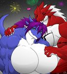  &hearts; amelia big_breasts breasts female green_eyes hair hug huge_breasts love male muscles muscular_female purple_hair red_eyes tail tattoo tiny_head unknown_artist 