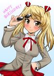  blonde_hair brown_eyes hand_on_hip happy_birthday long_hair nikyu sawachika_eri school_rumble school_uniform smile solo sunglasses twintails 