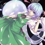  black_hairband blue_eyes dual_wielding dutch_angle ghost glowing hairband highres hitodama holding katana konpaku_youmu konpaku_youmu_(ghost) light_smile petals scabbard sheath short_hair silver_hair solo sword tassel text_in_eyes touhou tro vest weapon white_hair 