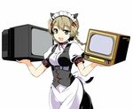  akiha_rumiho akiha_rumiho_(cosplay) amane_suzuha animal_ears braid brown_eyes brown_hair carrying cat_ears cosplay long_hair maid maid_headdress oda_masaru open_mouth ribbon solo steins;gate television twin_braids 