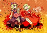  absurdres aki_minoriko aki_shizuha bad_id bad_pixiv_id blonde_hair blush closed_eyes food fruit givuchoko grapes hair_ornament hat highres laughing leaf leaf_hair_ornament multiple_girls open_mouth outstretched_hand red_eyes short_hair siblings sisters smile touhou 