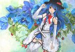  acrylic_paint_(medium) adapted_costume bad_id bad_pixiv_id bare_shoulders blue_hair bow bowtie bridal_gauntlets elbow_gloves floral_background flower food fruit gloves hand_on_headwear hat hinanawi_tenshi isegawa_yasutaka long_hair millipen_(medium) peach red_eyes smile solo thighhighs touhou traditional_media white_legwear zettai_ryouiki 