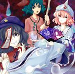  animal_ears aqua_eyes bad_id bad_pixiv_id bamboo_broom black_eyes black_hair blush breasts broom bug butterfly fan folding_fan garo000 ghost goshoguruma green_hair hat hitodama insect japanese_clothes jiangshi kasodani_kyouko medium_breasts miyako_yoshika multiple_girls ofuda open_mouth outstretched_arms saigyouji_yuyuko saigyouji_yuyuko's_fan_design short_hair star talisman ten_desires touhou 