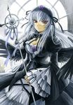  acrylic_paint_(medium) breasts choker cross dress feathers flower frills hairband long_hair medium_breasts myu-kimera purple_flower purple_rose red_eyes ribbon rose rozen_maiden silver_hair smile solo suigintou traditional_media white_flower white_hair white_rose wings 