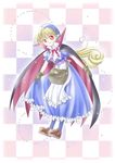  apron bag blonde_hair bow cape curly_hair dress gloves goggles hat heart long_hair marivel_armitage pantyhose pointy_ears red_eyes ribbon sabotenkoubou shoes smile solo vampire wild_arms wild_arms_2 