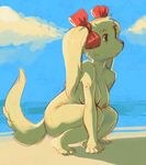  beach breasts canine cissy crouching cute dog female green_eyes mammal nipples nude purplekecleon ribbons seaside solo 