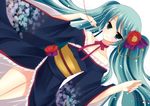  agekichi_(heart_shape) aqua_eyes aqua_hair bad_id bad_pixiv_id flower hair_flower hair_ornament hatsune_miku japanese_clothes kimono long_hair red_string smile solo string twintails very_long_hair vocaloid 