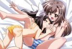  absurdres bikini black_hair blush bow brown_eyes closed_eyes hair_bow hair_ornament hairclip highres kasugai_hiroyuki long_hair lying multiple_girls non-web_source nyantype official_art on_back ootori_naru open_mouth oretachi_ni_tsubasa_wa_nai panties scan side-tie_bikini striped striped_panties swimsuit tamaizumi_hiyoko topless underwear underwear_only yellow_bikini 