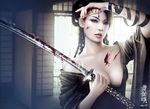  2009 black_hair blood breasts cleavage katana mario_wibisono realistic red_eyes sword weapon 