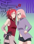  2girls clothes_swap cosplay costume_switch edit glasses haruno_sakura highres karin_(naruto) multiple_girls myotishi naruto naruto_shippuuden photoshop pink_hair red_hair stiky_finkaz 