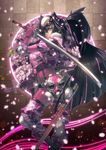  aro_(charged_time_out) bad_id bad_pixiv_id belt black_hair camouflage cherry_blossoms elbow_pads gas_mask gloves green_eyes gun katana knee_pads long_hair military military_uniform original petals pink ponytail rifle solo sword uniform very_long_hair weapon 