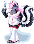  cleavage clothed clothing female hair mammal ninjaweasel nurse pink_hair plain_background skunk solo syringe tail uniform unknown_artist white_background 