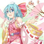  1girl :d ahoge alternate_element alternate_wings blue_eyes blue_hair blush bow cherry_blossoms cirno dango detached_sleeves efe face flower food food_on_face hair_bow hair_flower hair_ornament japanese_clothes md5_mismatch open_mouth seigaiha short_hair smile solo touhou wagashi wings 