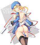  ass bare_shoulders beret blazblue blonde_hair blush bolverk breasts detached_sleeves dual_wielding gloves green_eyes gun handgun hat holding larasuke looking_back medium_breasts nipple_piercing nipples no_panties noel_vermillion piercing pussy_juice revision tears thighhighs vibrator weapon 