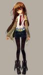  black_legwear blue_eyes boots brown_hair jacket legwear_under_shorts long_hair makise_kurisu pantyhose shirt shorts solo steins;gate ukyo_rst white_shirt 