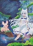  animal_ears blue_eyes bow bug butterfly creature dress insect long_hair mosho oil_painting_(medium) open_mouth original sitting smile solo traditional_media water white_dress white_hair 