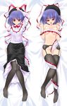  black_legwear blue_hair blush breasts breasts_apart dakimakura garter_belt hat mamo_williams medium_breasts multiple_views nagae_iku navel nipples nude red_eyes shawl short_hair thighhighs touhou 