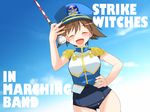  band_uniform brown_eyes brown_hair closed_eyes hat majorette miyafuji_yoshika muramasa_mikado no_pants open_mouth school_swimsuit short_hair smile solo strike_witches swimsuit swimsuit_under_clothes world_witches_series 