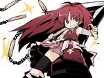  chain fang food mahou_shoujo_madoka_magica ponytail raigou red_eyes red_hair sakura_kyouko solo thighhighs weapon 