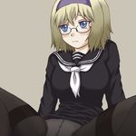  bad_id bad_pixiv_id black_legwear blonde_hair blue_eyes blush copyright_request crotch_seam glasses hairband lowres murakami_murako panties panties_under_pantyhose pantyhose short_hair solo thighband_pantyhose underwear 