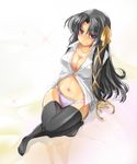  black_hair breasts cleavage dress_shirt hair_ribbon kurugaya_yuiko little_busters! long_hair medium_breasts panties purple_eyes remotaro ribbon shirt solo thighhighs underwear 