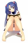  absurdres barefoot blue_hair book clannad feet hair_bobbles hair_ornament highres hikarizaka_private_high_school_uniform ichinose_kotomi legs light_smile long_hair long_legs panties pantyshot pantyshot_(sitting) purple_eyes reading school_uniform scissors sitting skirt solo tanaka_takayuki toenails two_side_up underwear white_panties 