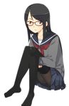  black_hair brown_eyes copyright_request feet glasses long_hair pantyhose pirlo school_uniform simple_background skirt solo thighhighs 