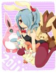  1boy 2011 animal_ears blue_hair blush bunny_ears bunny_tail bunnysuit child crossdress crossdressing crossover frown hair_over_one_eye inazuma_eleven inazuma_eleven_(series) kazemaru_ichirouta long_hair lopunny male_focus minun pantyhose plusle pokemon red_eyes shota sitting solo tail trap wigglytuff 