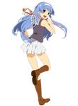  bad_id bad_pixiv_id blue_hair boots from_behind full_body highres kannagi long_hair miniskirt nagi open_mouth pleated_skirt purple_eyes sama simple_background skirt smile solo wand white_background white_skirt 