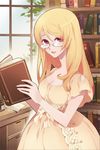  blonde_hair book bow dress glasses library long_hair lowres pink_eyes ribbon rose_pacifica smile solo sword_girls 